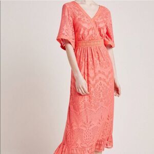 Anthropologie x Farm Rio Devore Maxi Dress Coral Eyelet $230 Sz S